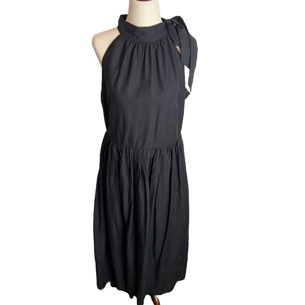 J.Crew Womens Tie-neck midi dress with eyelet trim Black Size 14 CK283 - Picture 2 of 8